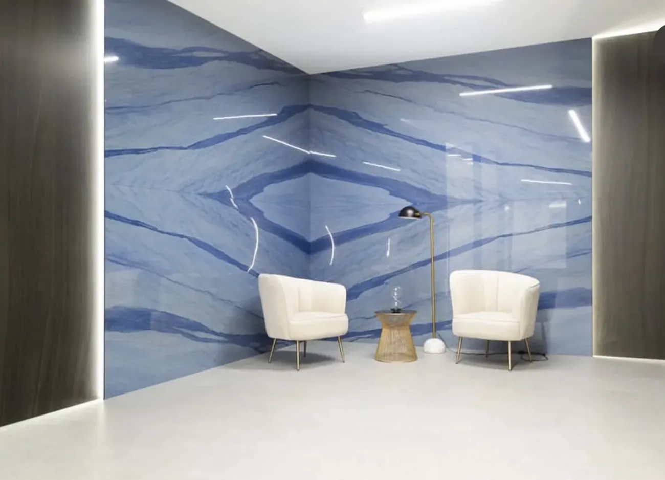 Book-matched blue natural stone feature wall