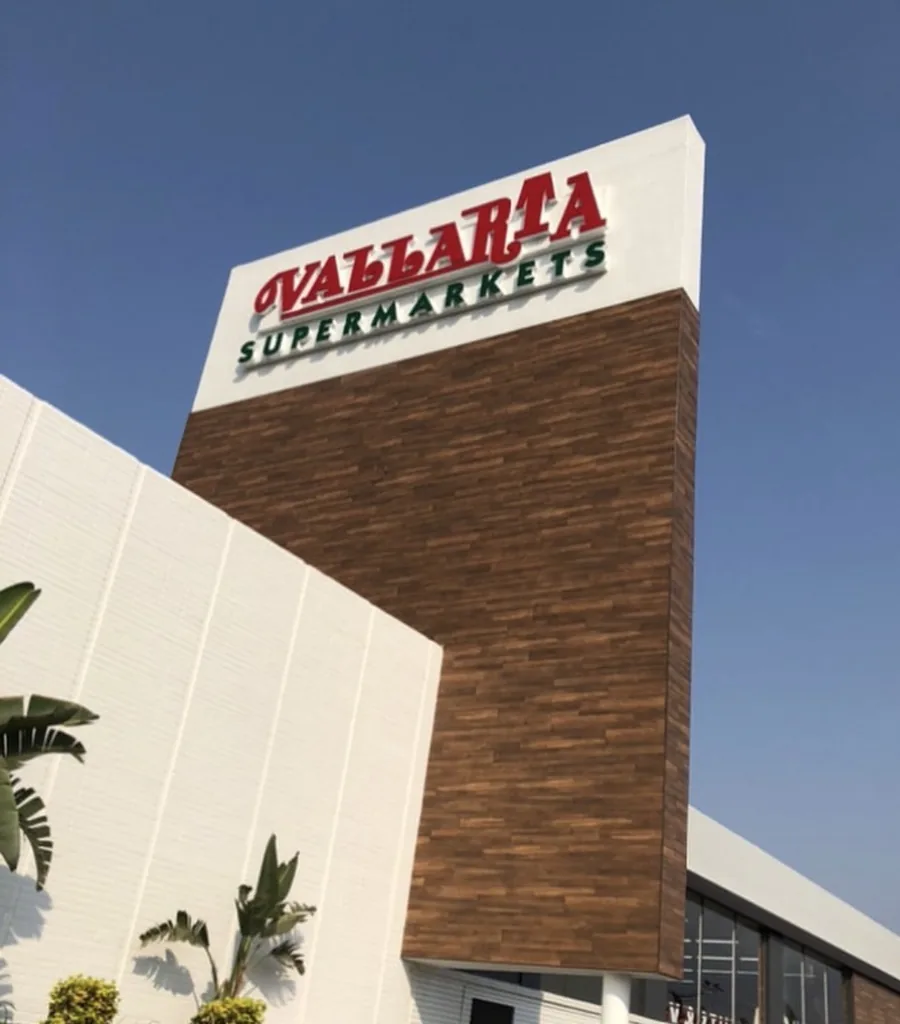 Wood-look large-format tile facade on the Vallarta Supermarkets tower